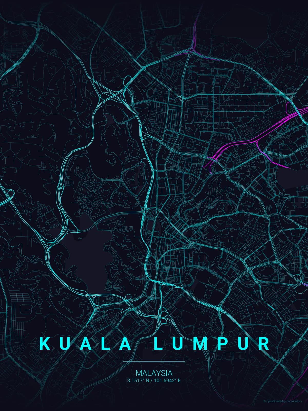 Kuala Lumpur map poster, neon_cyberpunk theme